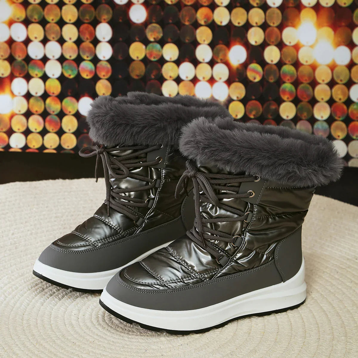 Bota Feminina Impermeável de Cadarço com Plataforma Para Inverno
